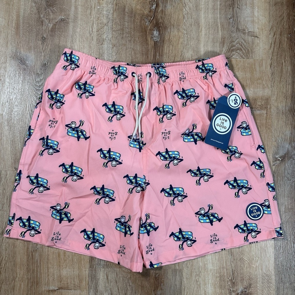 NEW LIFE IS GOOD Mens Large Coral Beach UPF 50 Lined Swim Shorts Trunks